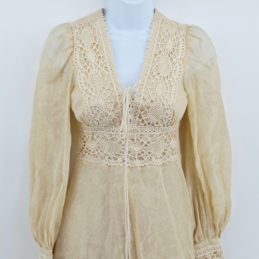 Vintage 1970s Gunne Sax Jessica Cream Crochet Maxi Prairie Sheer Dress Sz 5 - Picture 4 of 16